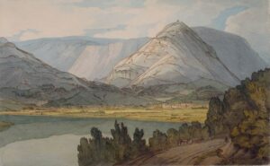 Ein Gemälde von Bergen und einem Fluss.
