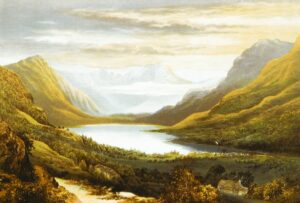 Ein Gemälde eines Sees mit Bergen im Hintergrund.